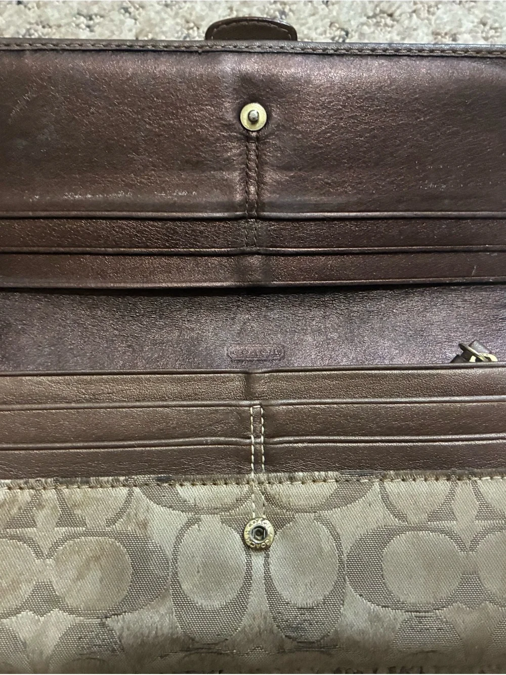 Coach Taupe Signature Canvas Wallet with Brown Trim and Gold Ring